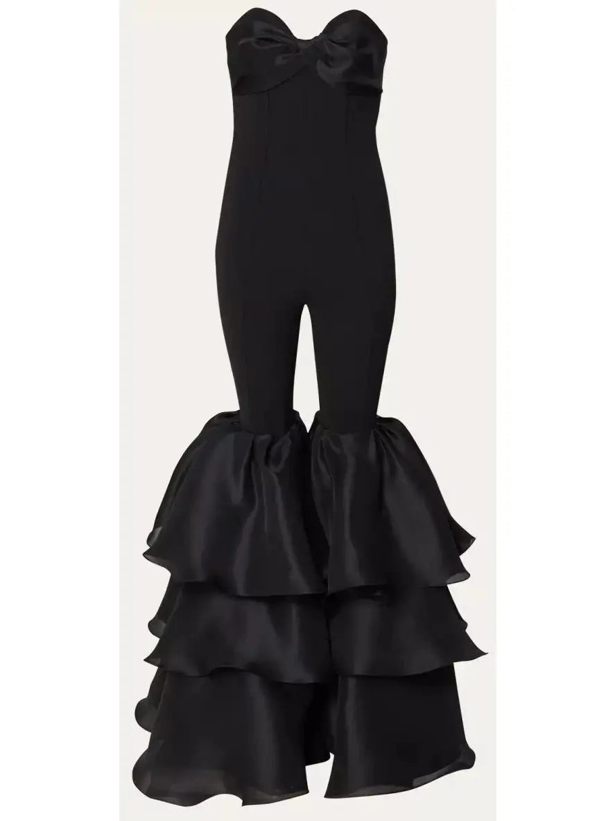 Black Strapless Ruffled-Leg Jumpsuit - Suits & Sets