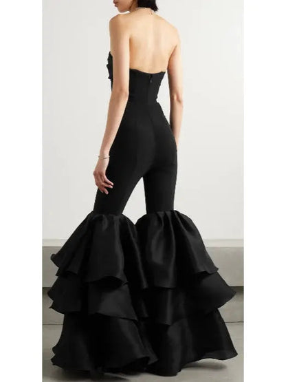 Black Strapless Ruffled-Leg Jumpsuit - Suits & Sets