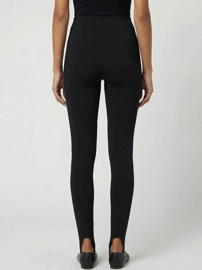 Black Stretch Stirrup Pants with Gold Zip Details - Jeans & Pants