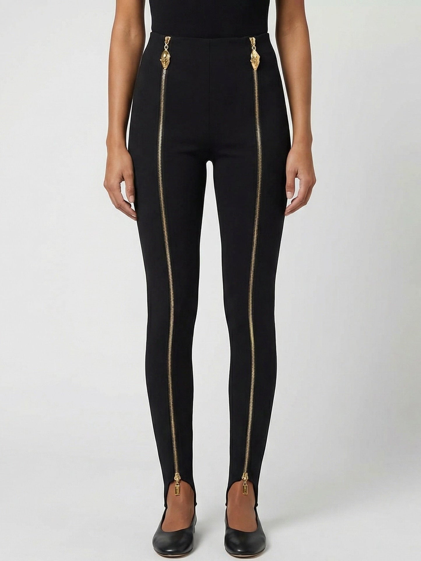 Black Stretch Stirrup Pants with Gold Zip Details - Jeans & Pants