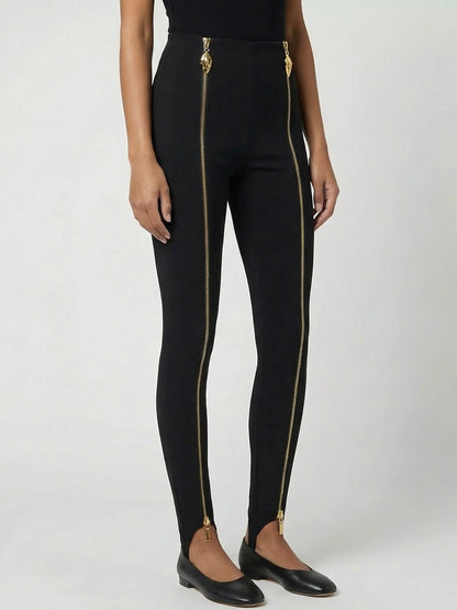 Black Stretch Stirrup Pants with Gold Zip Details - Jeans & Pants