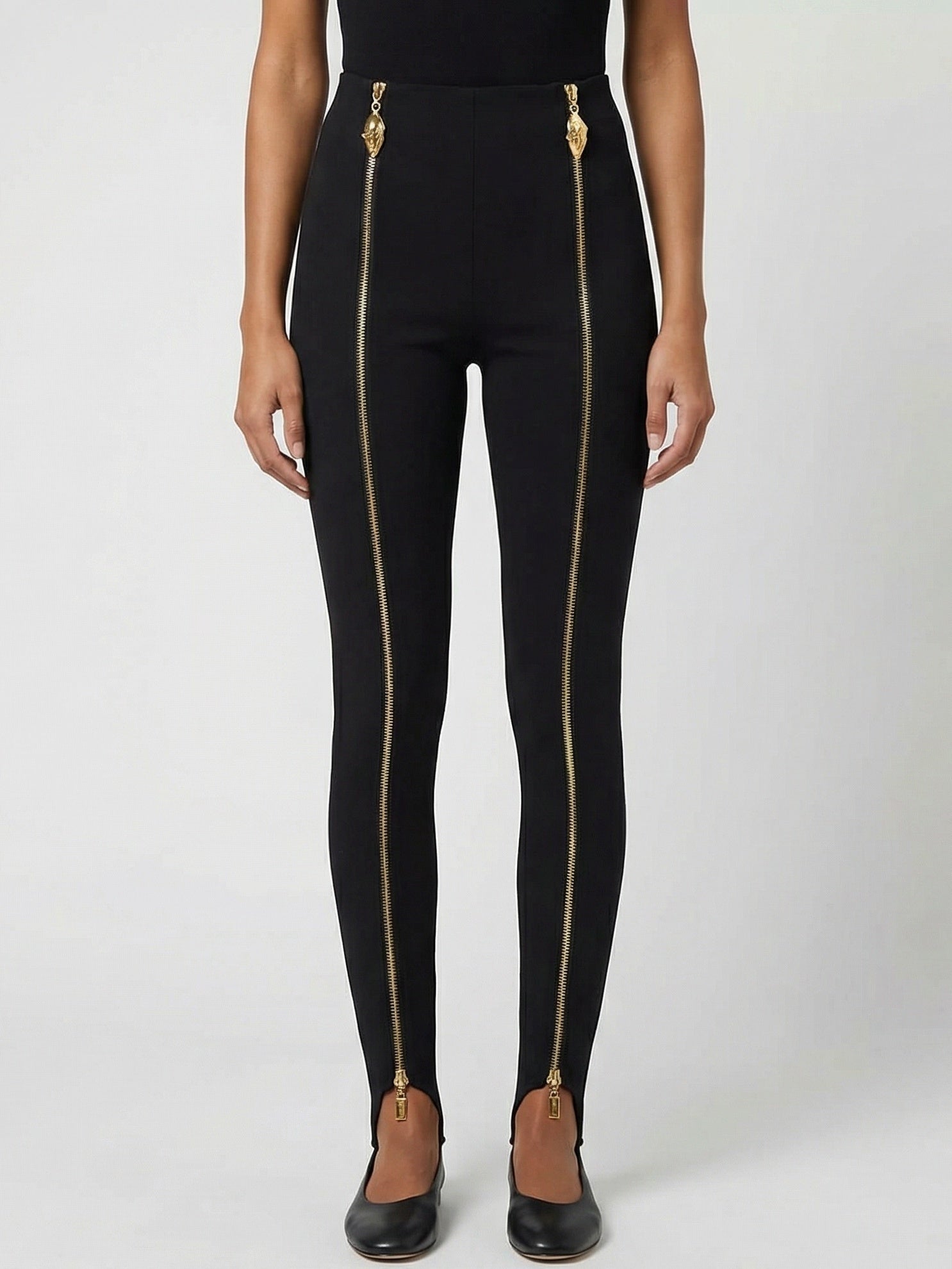 Black Stretch Stirrup Pants with Gold Zip Details - Small - Jeans & Pants