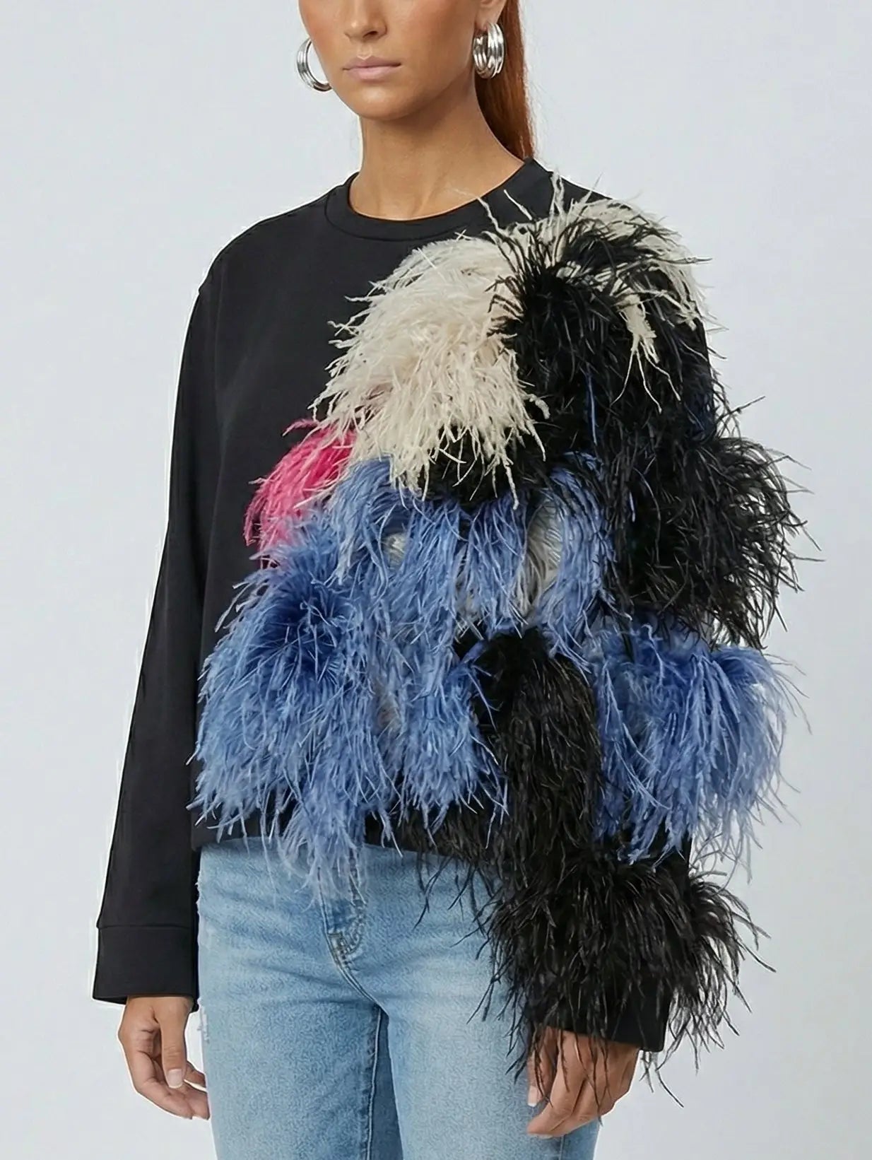 Black Sweatshirt with Ostrich Feather Detail - Tops