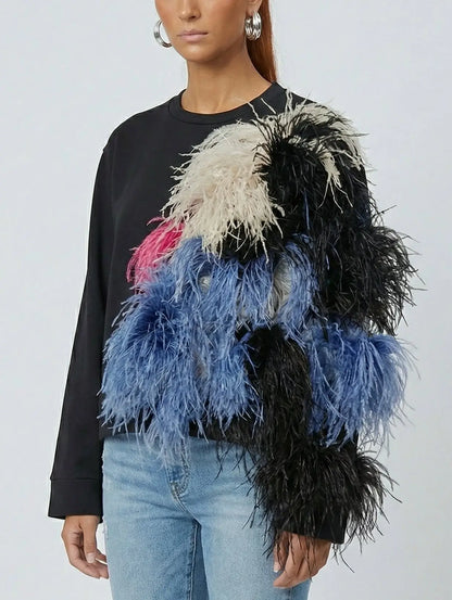 Black Sweatshirt with Ostrich Feather Detail - Tops