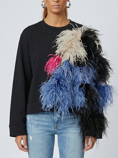 Black Sweatshirt with Ostrich Feather Detail - Tops