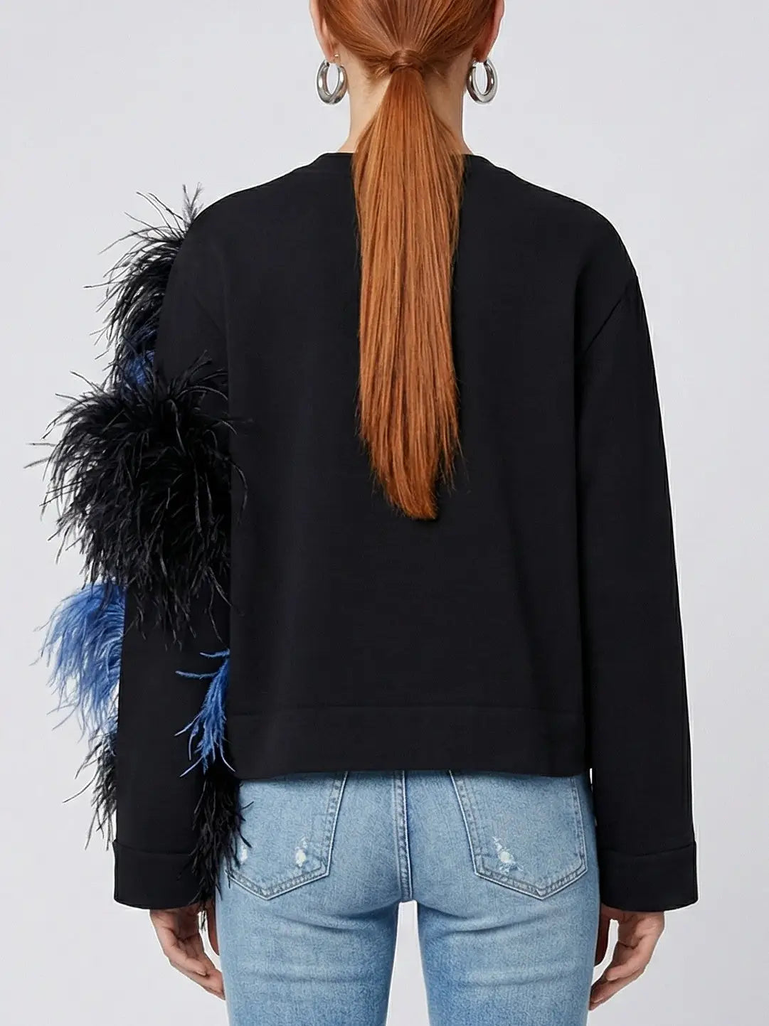 Black Sweatshirt with Ostrich Feather Detail - Tops