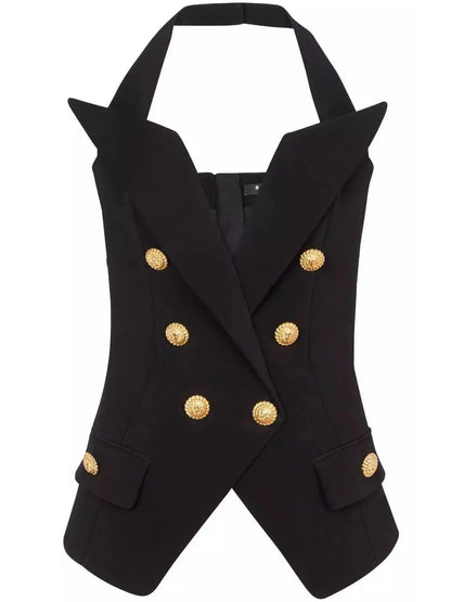 Black Tailored Double-Breasted Halterneck Vest Top - Tops