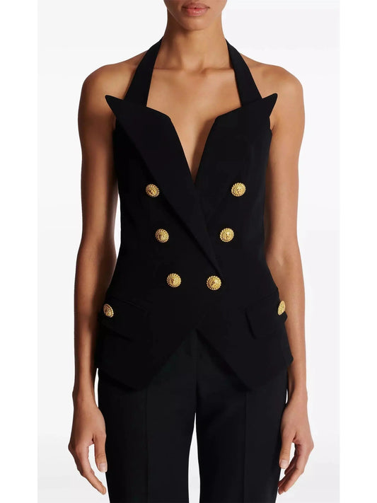 Black Tailored Double-Breasted Halterneck Vest Top - Tops