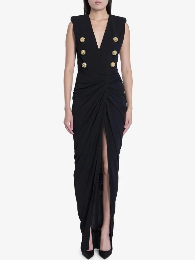 Black Tailored Ruched Long Dress - Dresses