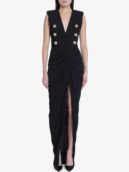 Black Tailored Ruched Long Dress - Dresses