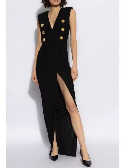 Black Tailored Ruched Long Dress - Dresses