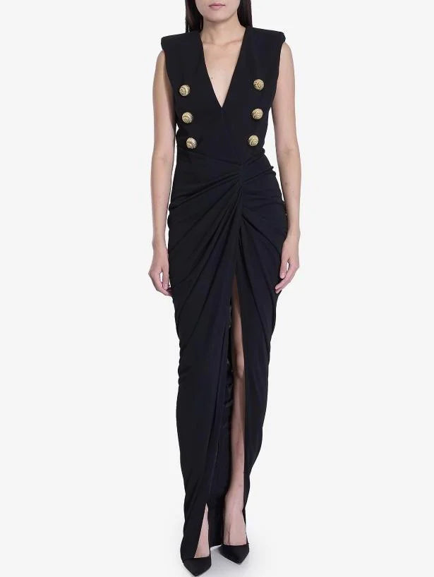 Black Tailored Ruched Long Dress - Dresses