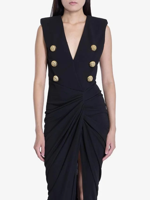 Black Tailored Ruched Long Dress - Dresses
