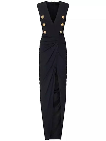 Black Tailored Ruched Long Dress - Dresses