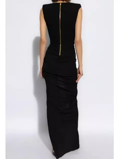 Black Tailored Ruched Long Dress - Dresses