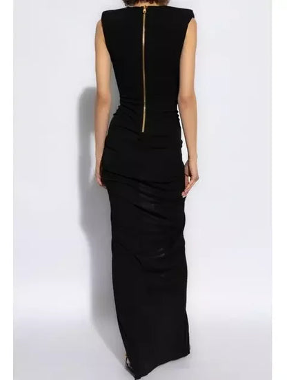Black Tailored Ruched Long Dress - Dresses