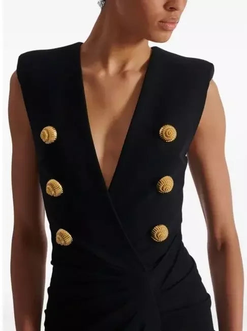 Black Tailored Ruched Long Dress - Dresses
