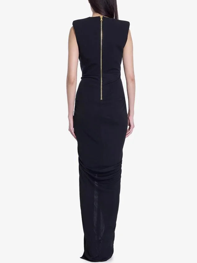 Black Tailored Ruched Long Dress - Dresses