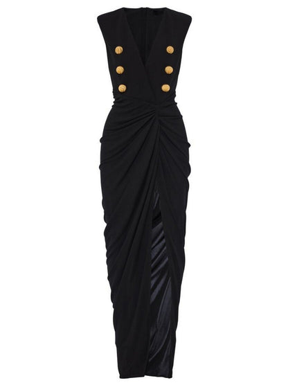 Black Tailored Ruched Long Dress - Dresses