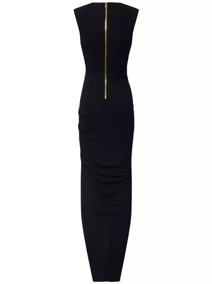 Black Tailored Ruched Long Dress - Dresses