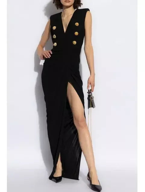 Black Tailored Ruched Long Dress - Dresses