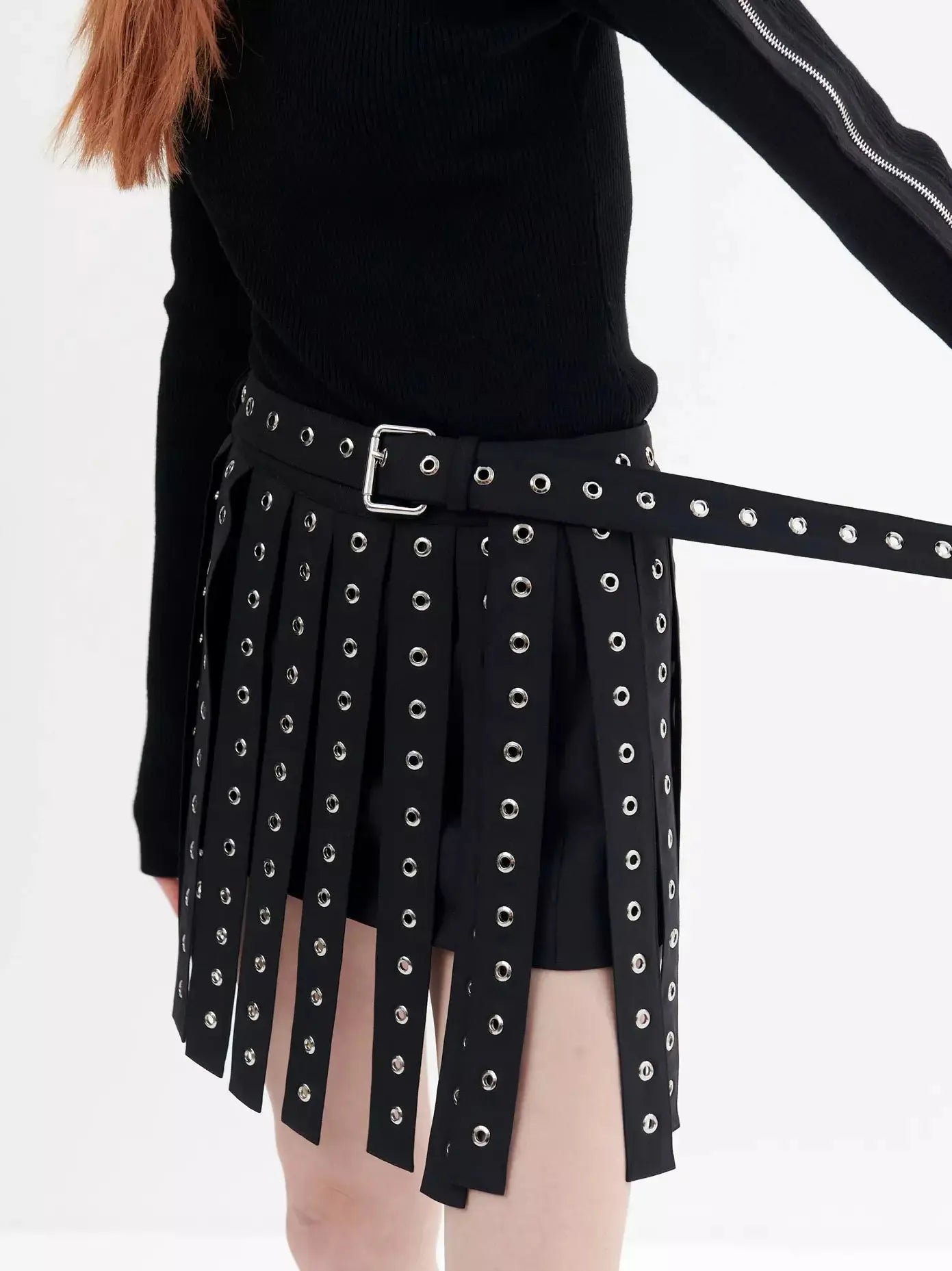 Black Tassel-Overlay Grommet-Embellished Mini Skirt - Skirts