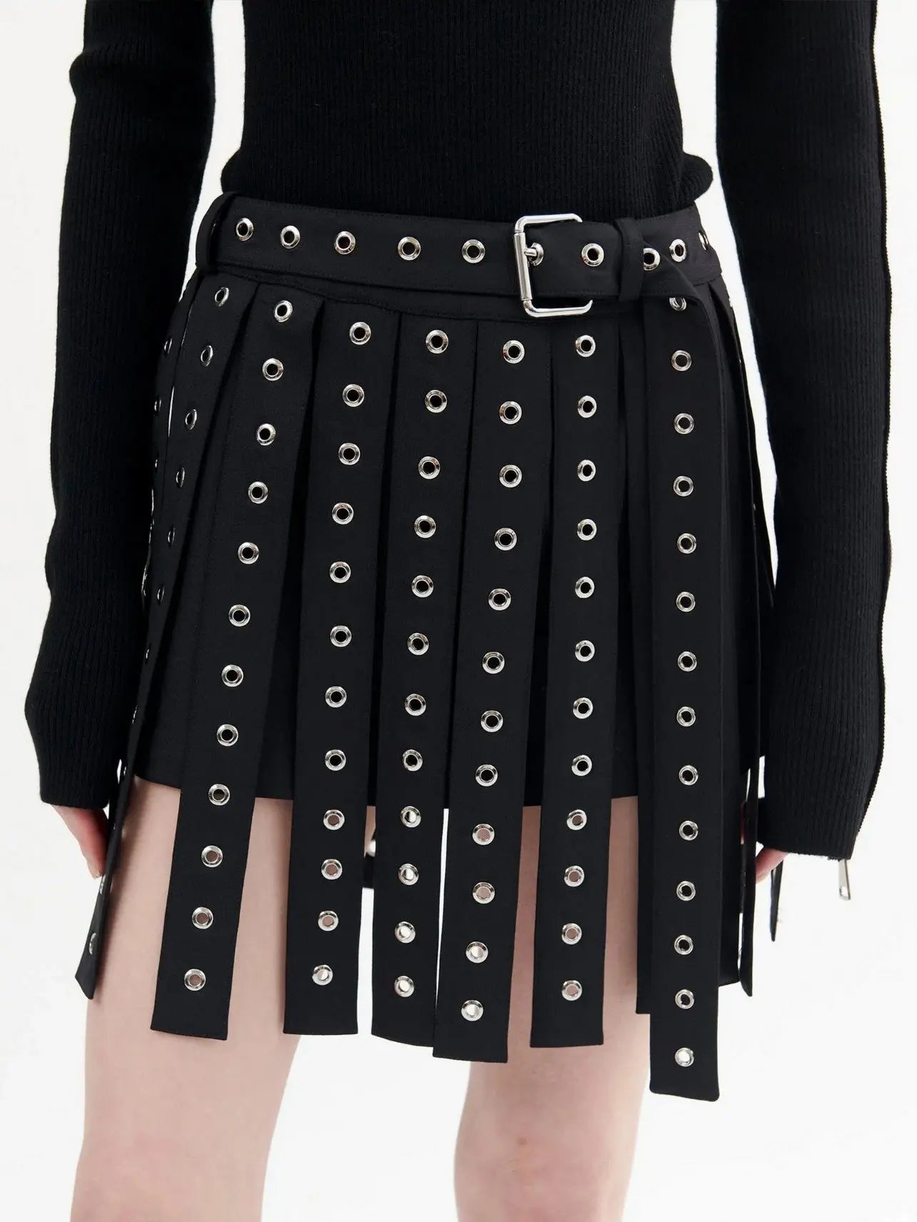 Black Tassel-Overlay Grommet-Embellished Mini Skirt - Skirts