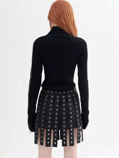 Black Tassel-Overlay Grommet-Embellished Mini Skirt - Skirts