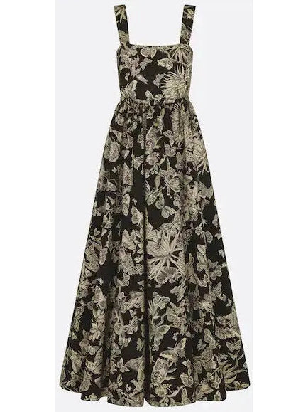 Black Technical Jacquard with Gold-Tone Allover Butterfly Motif Belted Dress - small - Dresses