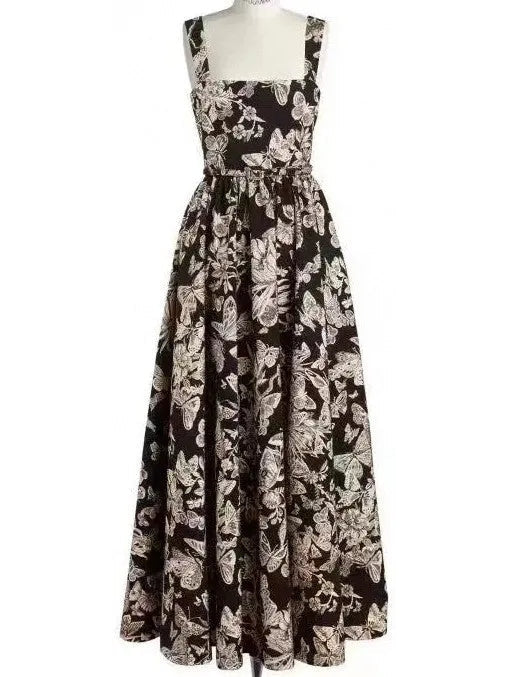 Black Technical Jacquard with Gold-Tone Allover Butterfly Motif Belted Dress - Dresses