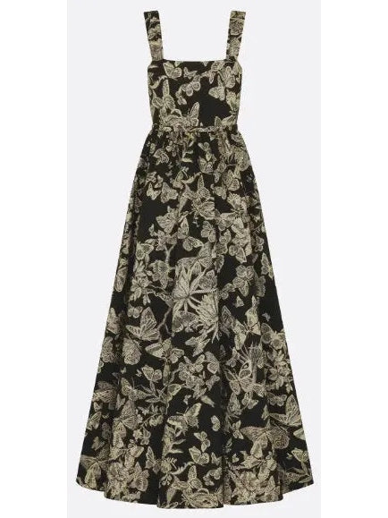 Black Technical Jacquard with Gold-Tone Allover Butterfly Motif Belted Dress - Dresses