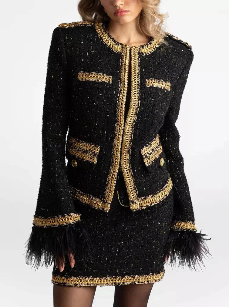 Black Tweed Feather Trim Jacket and Skirt Set with Gold Trim - Suits & Sets