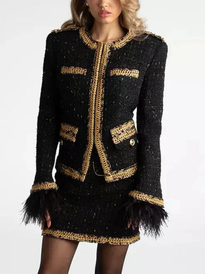 Black Tweed Feather Trim Jacket and Skirt Set with Gold Trim - Suits & Sets