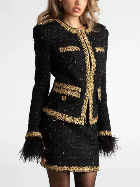 Black Tweed Feather Trim Jacket and Skirt Set with Gold Trim - Suits & Sets