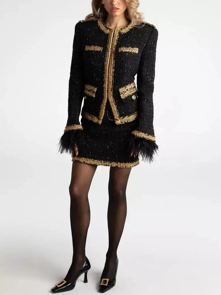 Black Tweed Feather Trim Jacket and Skirt Set with Gold Trim - Suits & Sets