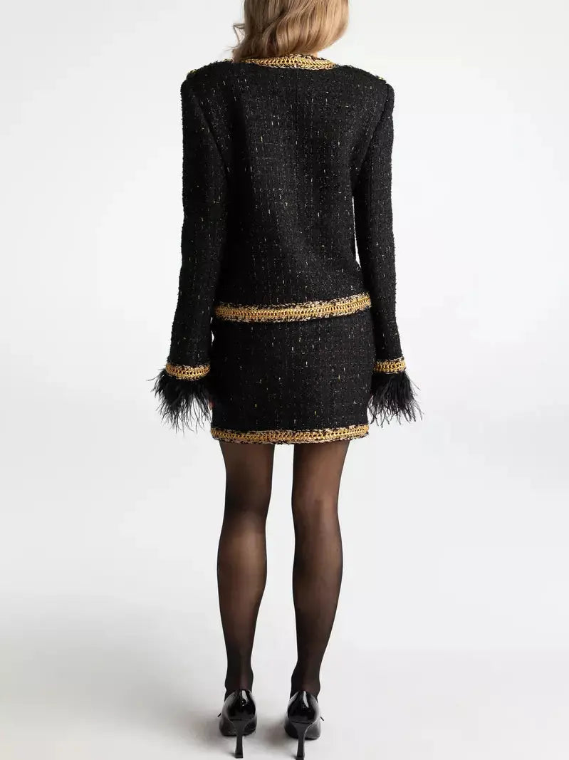 Black Tweed Feather Trim Jacket and Skirt Set with Gold Trim - Suits & Sets