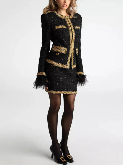 Black Tweed Feather Trim Jacket and Skirt Set with Gold Trim - Suits & Sets