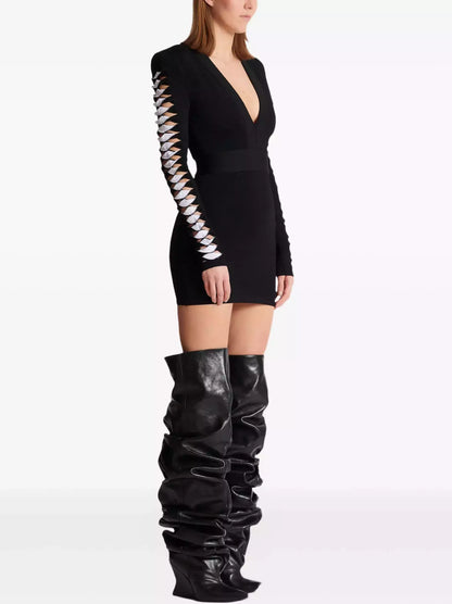 Black V-Neck Mini Dress with Cut-Out Sleeve Detail - Dresses