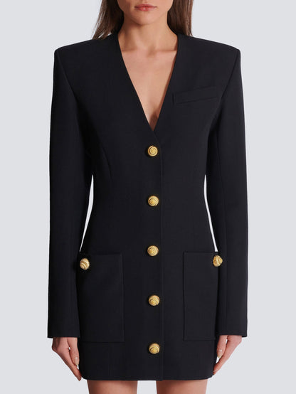 Black V-Neck Mini Dress with Gold Embossed Buttons - Dresses