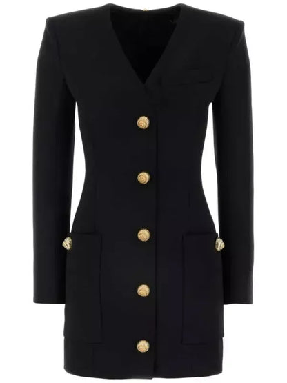 Black V-Neck Mini Dress with Gold Embossed Buttons - Dresses