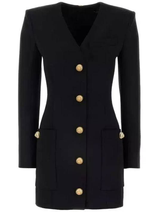 Black V-Neck Mini Dress with Gold Embossed Buttons - Dresses
