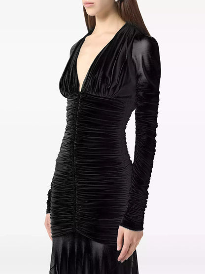 Black V-Neck Ruched Long-Sleeve Maxi Dress - Dresses