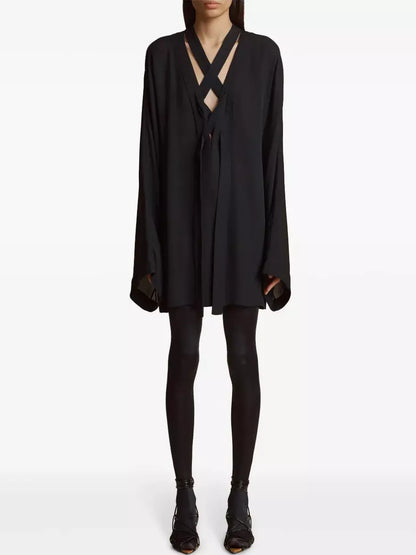 Black V-Neck Tie-Front Oversized Blouse - Tops