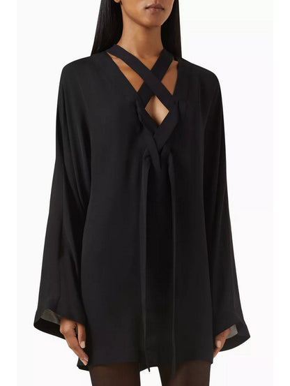 Black V-Neck Tie-Front Oversized Blouse - Tops