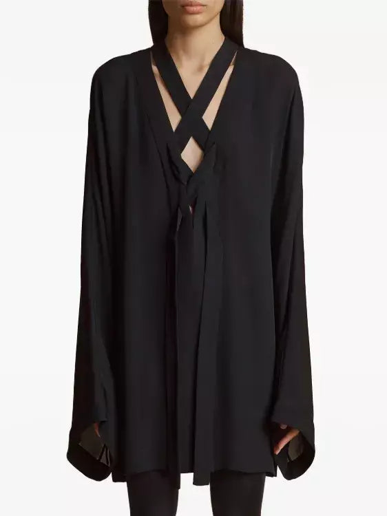 Black V-Neck Tie-Front Oversized Blouse - Tops