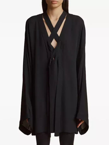 Black V-Neck Tie-Front Oversized Blouse - Tops