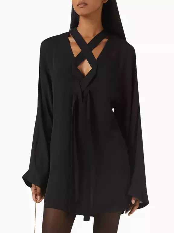 Black V-Neck Tie-Front Oversized Blouse - Tops