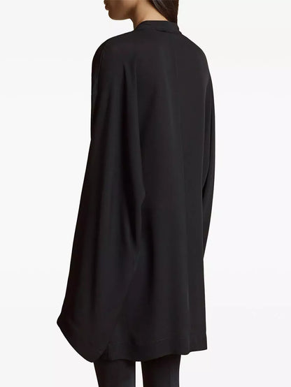 Black V-Neck Tie-Front Oversized Blouse - Tops