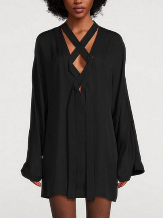 Black V-Neck Tie-Front Oversized Blouse - Tops