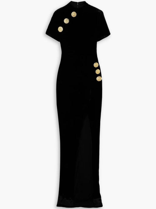 Black Velvet Button-Embellished Dress - Dresses